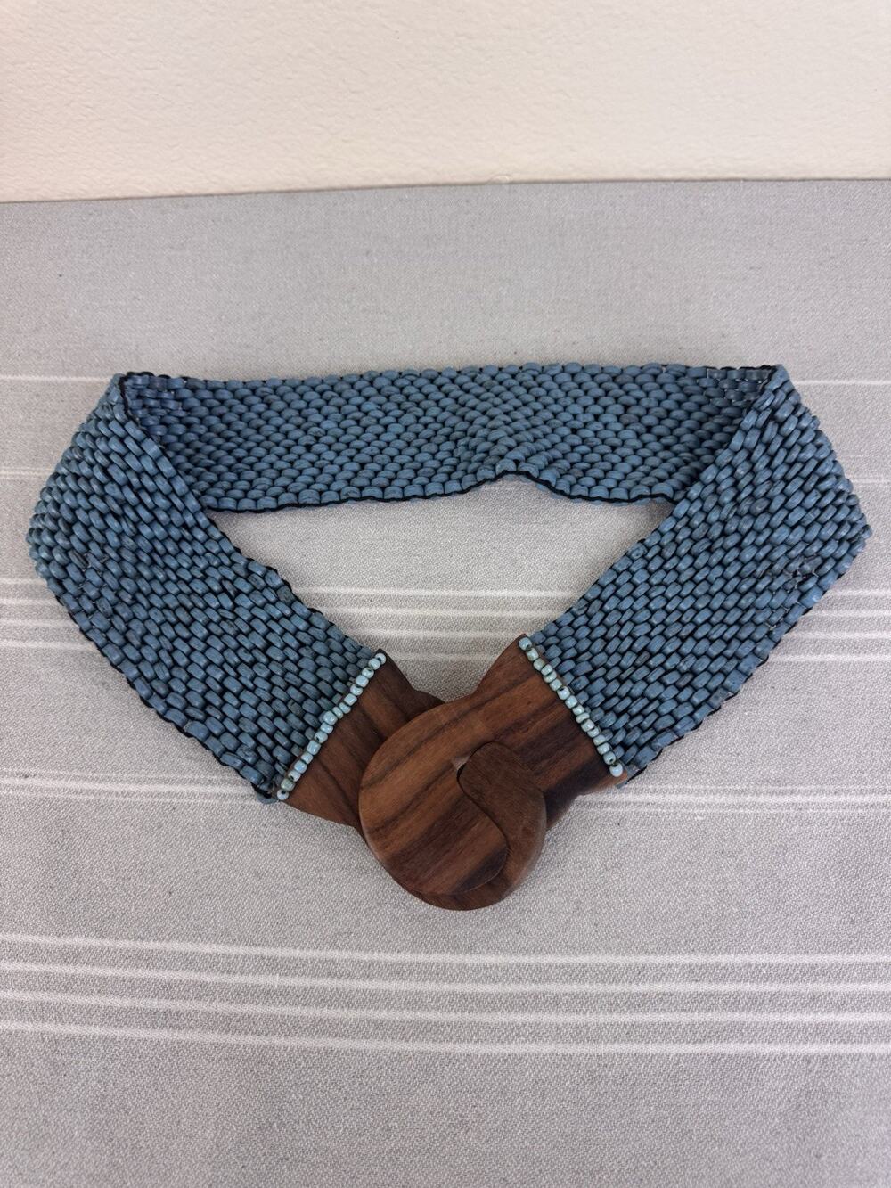 Boho Wide Beaded Stretch Waist Belt Wooden Hook Buckle Turquoise Blue Brown OS